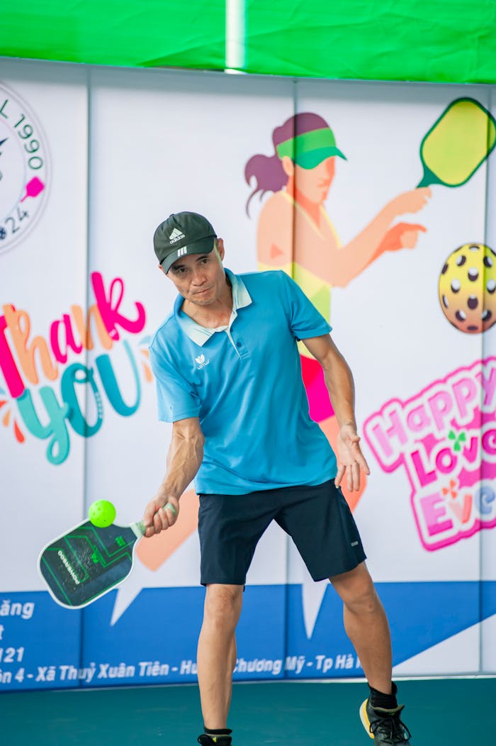 Dynamic pickleball action shot of a man playing indoors in Hà Nội, Vietnam.